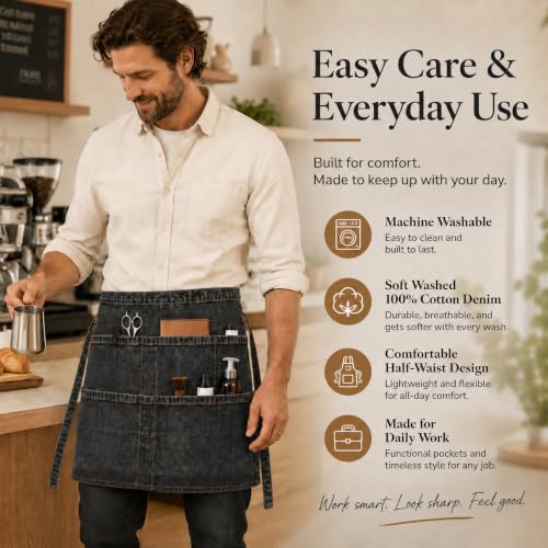 Denim Apron, Waist Apron with Pockets and Adjustable Long Ties - color: Waist Apron-black, size: Medium