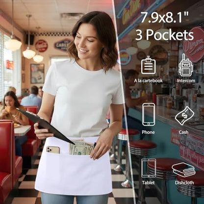 BOHARERS Waist Apron with 3 Pockets - White Waitress Waiter Server Short Apron - color: A-1 Pack White