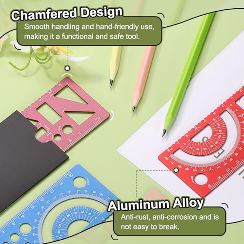HARFINGTON Multifunctional Geometric Rulers 15cm Metric and SAE Aluminum Straight Edge Protractor Angle Math Measuring Ruler Geometric Drawings Templates for Drawing Drafting, Rose - color: Rose