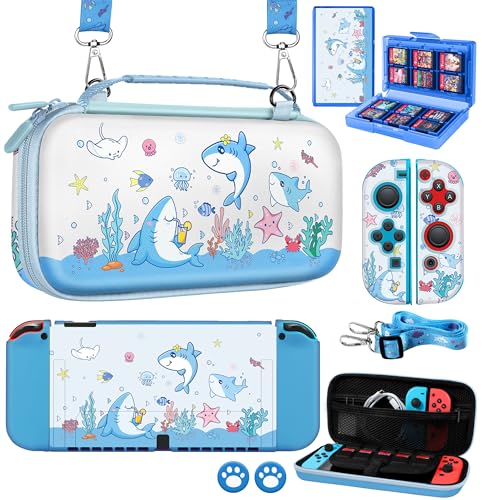 Gurgitat 8in1 Kits Accessories Bundle for Nintendo Switch OLED 2021 - Cute Carrying Case, Protective Cover, Joy Con Grips, Thumb Grips, 24 Game Holder, Shoulder Strap Teens Boys Girls, Blue Shark - color: Blue Shark, size: for Nintendo Switch OLED 2021