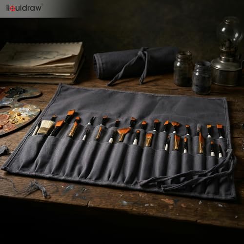 Liquidraw 30 Pocket Roll-Up Canvas Paint Brush Holder, 21 x 18in (Grey) - color: Grey