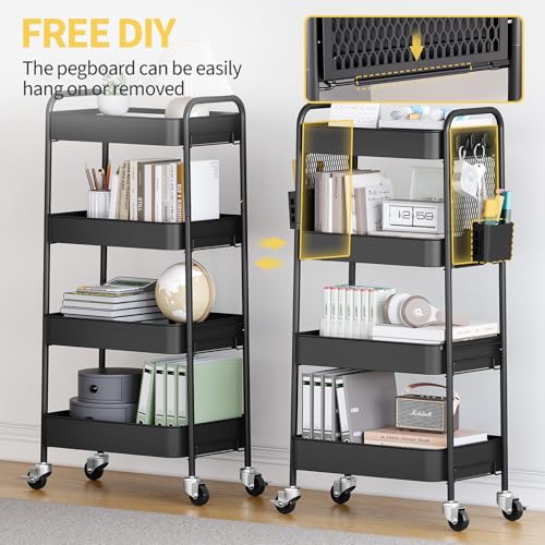 TOOLF 4 Tier Rolling Cart, Metal Utility Storage Cart with Pegboard, Black - color: Black, size: 4-Tier
