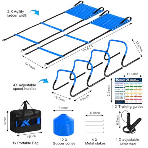 BORNEW 2 Pack Agility Ladder, Soccer Speed Training Equipment Set - color: 2.Blue