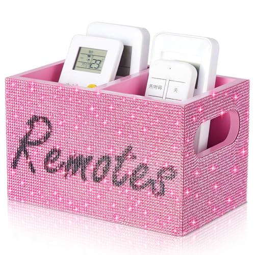 MotiMind Bling Rhinestone Remote Control Holder Crushed Diamond 2 Compartment Decorative TV Remote Caddy Organizer Storage Box Table Nightstand with and Label, Sparkly Gifts for Christmas(Pink) - color: Pink