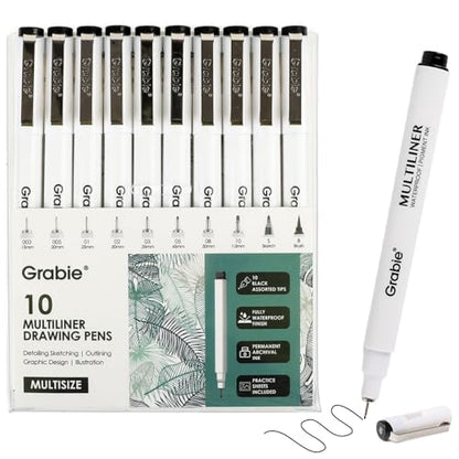 Grabie Micro Fineliner Pens, 10 Waterproof Black Drawing Pens - color: 10-Black