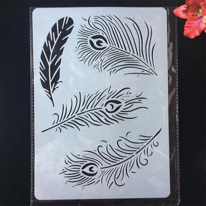 TIAMECH A4 Reusable Bird Peacock Feather Stencil for Painting - style: Peacock Feather