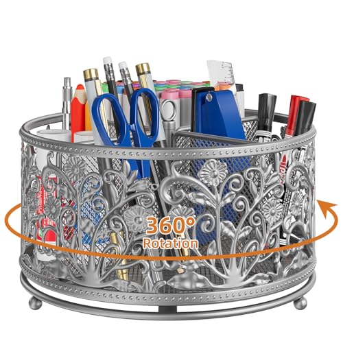 EKNITEY Pencil Pen Holder For Desk - 360° Rotating Pencil Cup Organizer - color: Silver