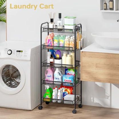TOOLF 5 Tier Rolling Cart, Metal Utility Storage Cart with Wheels, Black - color: Black, size: 5-Tier
