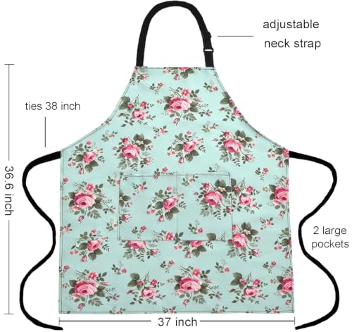 Plus Size Adjustable Bib Apron Water Resistant Canvas Extra Wide Long Ties Aprons with 2 Pockets Kitchen Cooking Gardening - color: Green Rose Pattern