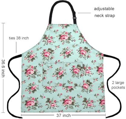 Plus Size Adjustable Bib Apron Water Resistant Canvas Extra Wide Long Ties Aprons with 2 Pockets Kitchen Cooking Gardening - color: Green Rose Pattern