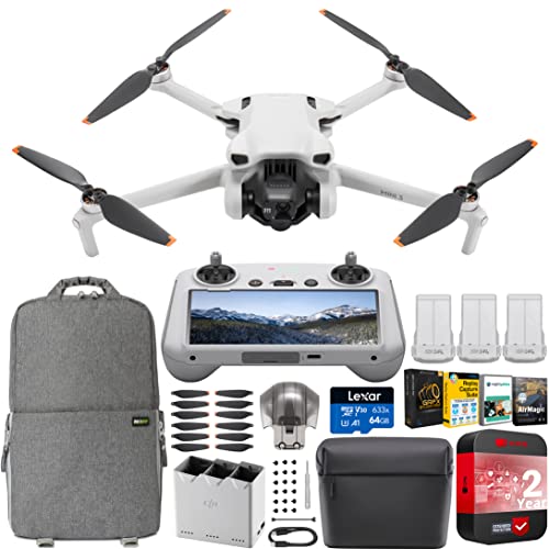 DJI Mini 3 Camera Drone Quadcopter + RC Smart Controller (With Screen) + Fly More Kit, 4K Video, 38min Flight Time, True Vertical Shooting Bundle w/Deco Gear Backpack + Software & Accessories - style: RC Fly More Kit + SW