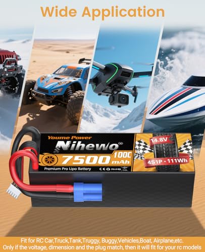 4S Battery 14.8V 7500mAh 100C Hardcase EC5 for RC Truck Boat 2Packs
