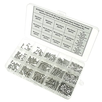 720PCS M2 M2.5 M3 Stainless Steel Phillips Pan Head Machine Screws Nuts Flat Washers Assortment Kit - size: M2, M2.5, M3