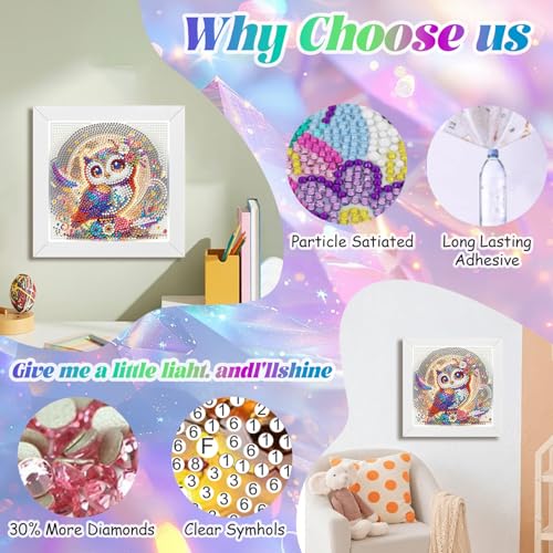 WEMEON Owl Diamond Art Kits for Kids with Frame 7x7 inch - color: Owl