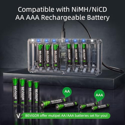 AA AAA Battery Charger for Rechargeable AA AAA Battery, Charger only - size: 8 Bay Charger - transparent