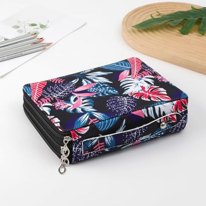 Canvas 120 Slots Pencil Case 3-Layer Zipped Holder w/Handle - color: Black Leaves, size: 120