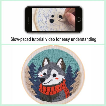 Myfelicity Punch Needle kit, a Beginner Set with Wolf Pattern Design, Suitable for Beginners and Adults with 7.9-inch Hoop - color: wolf
