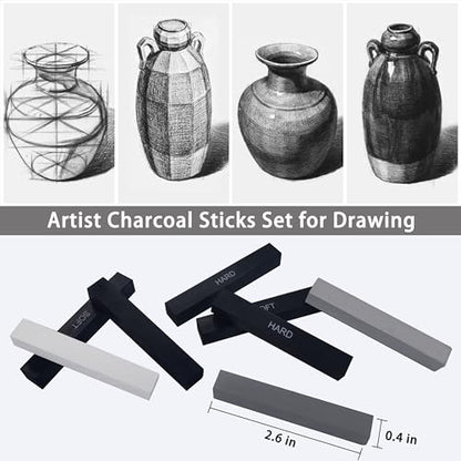 24 Pcs Compressed Charcoal Sticks and 6 Pcs Willow Charcoal Sticks, 9-12 MM Jumbo Willow Charcoal Pencils