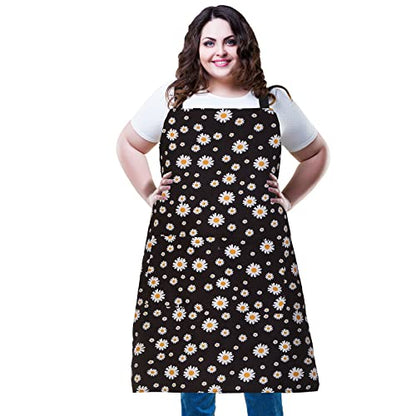 Plus Size Adjustable Bib Apron Water Resistant Canvas Extra Wide Long Ties Aprons with 2 Pockets Kitchen Cooking Gardening - color: Daisy