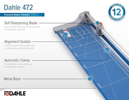 Dahle 472 Premium Rolling Trimmer, 72" Cut Length, 12 Sheet Capacity, Self-Sharpening, Automatic Clamp, German Engineered Paper Cutter - size: 72" Cut Length