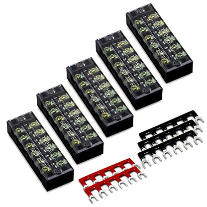 Terminal Block, 6 Circuits 600V 25A Dual Row Screw Terminal Strip, 5 Sets - size: 25A 6P+5pcs Jumpers