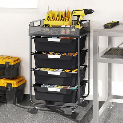 SYKIARIOL 4-Drawer Rolling Storage Cart with Mesh Top,Black - color: Black