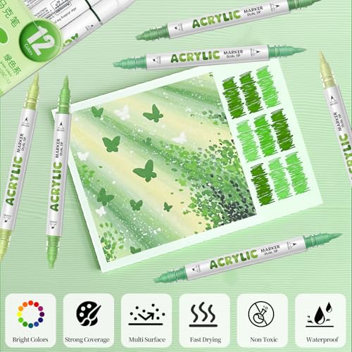 Green Acrylic Paint Pens, Water Based 12 Colors Dual Tip - color: Green Series