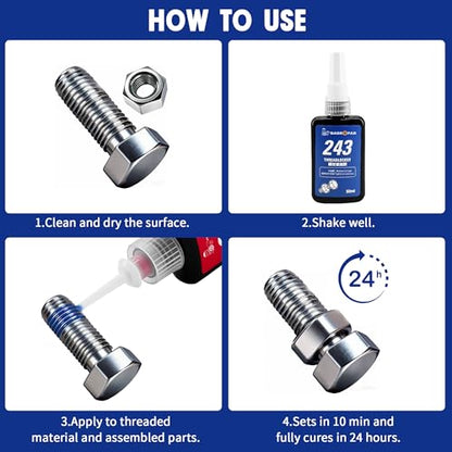 Thread Locker Medium 243 Blue Metal Screw Locking Sealant for Bolts Nuts Fasteners, 50ml Thread Locker Kit, for Bolts Nuts