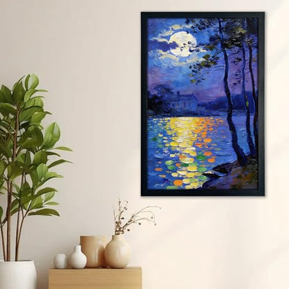 Seaofcity Moonlit Lake Landscape Wall Art, Framed Wall Art for Living Room, Night Blue Scene with Moon Reflection and Distant Cabin, Oil Painting on Canvas, Black Wood Frame, 12" W x 16" L - color: Moonlit Water Lilies, size: 16"l X 12"w