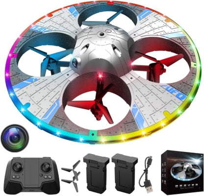 Round Foam UFO Quadcopter with Multi-Color LED Light Effects, RC Drone with Camera for Beginners, Altitude Hold, 360° Flips, 3 Speed Modes, 2 Modular Batteries FPV Drone (Silvery)