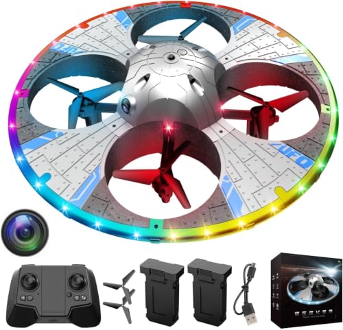 Round Foam UFO Quadcopter with Multi-Color LED Light Effects, RC Drone with Camera for Beginners, Altitude Hold, 360° Flips, 3 Speed Modes, 2 Modular Batteries FPV Drone (Silvery)