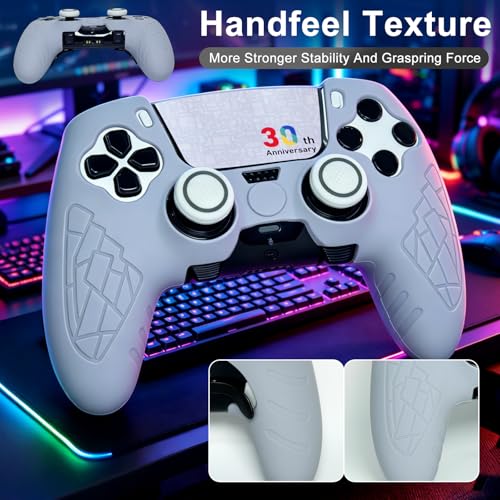 Grey Anti Slip PS5 Edge Controller Skin Set,Soft Protective Controller Cover Case for PlayStation 5 Edge with Touch Pad Stickers and 2 Thumb Grip Caps(30th Grey) - color: 30th Grey