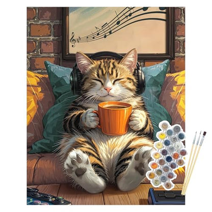 Gaming Cat Paint by Numbers Kit for Adults, Music & Coffee Art, 16x20 Inch - color: SZH2507