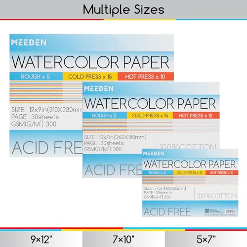 MEEDEN Cotton Watercolor Paper Block: 3 Textures 5" x 7" of 30 Sheets - size: 5×7"