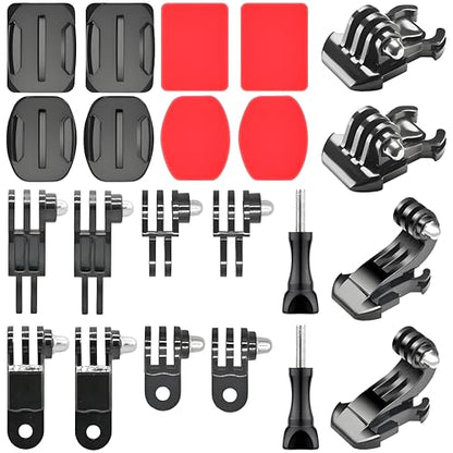 Universal Action Camera Accessory Kit, Curved & Flat Adhesive Sticky Mounts, Quick Release & J-Hook Buckle Mounts, 3-Way Pivot Arms and Thumb Screws