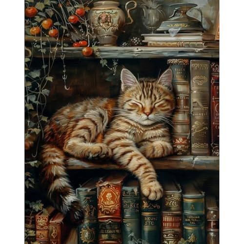 Paint by Numbers Kit for Adults, Sleeping Cat & Bookshelf, 16x20 Inch - color: HMOP25309