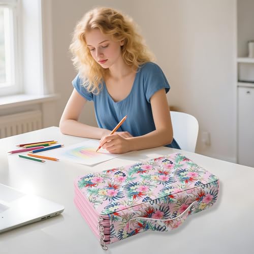 Canvas 300 Slots Pencil Case 4-Layer Zipped Holder w/Handle - color: Pink Flower, size: 300