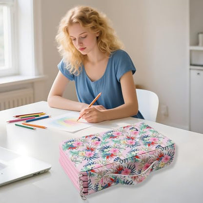 Canvas 300 Slots Pencil Case 4-Layer Zipped Holder w/Handle - color: Pink Flower, size: 300
