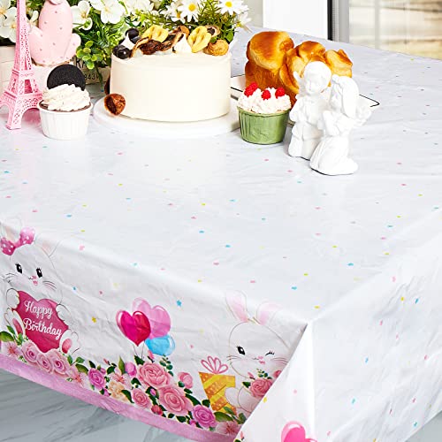 Jecery 3 Pack Bunny Birthday Party Tablecloth, Rabbit Floral Pastel Design
