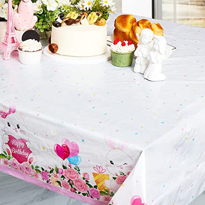 Jecery 3 Pack Bunny Birthday Party Tablecloth, Rabbit Floral Pastel Design