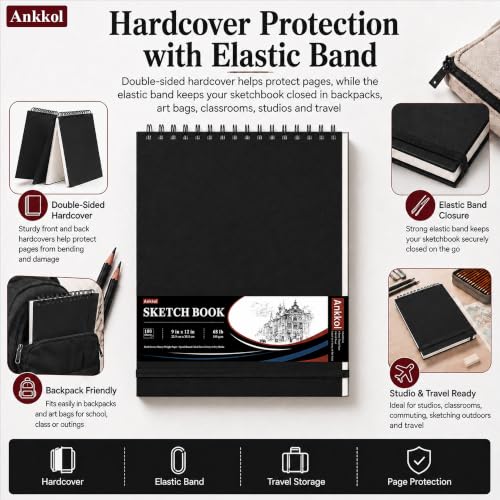 Ankkol Sketch Book 9x12, Top Spiral Bound Sketchbook,100 Sheets_68lb/100gsm