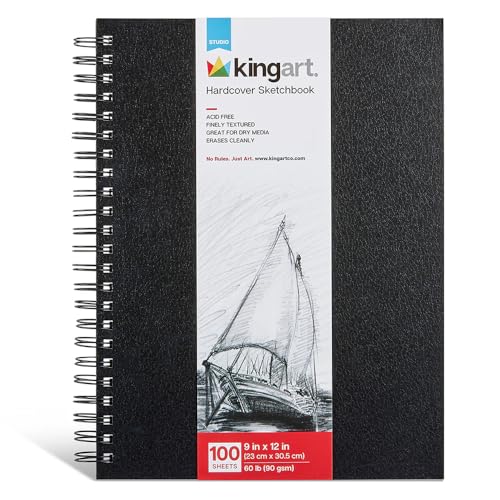 KINGART Hardcover Sketchbook (Black), Side Wire Bound, 60 Lbs. (90G), 9" X 12", 100 Sheets
