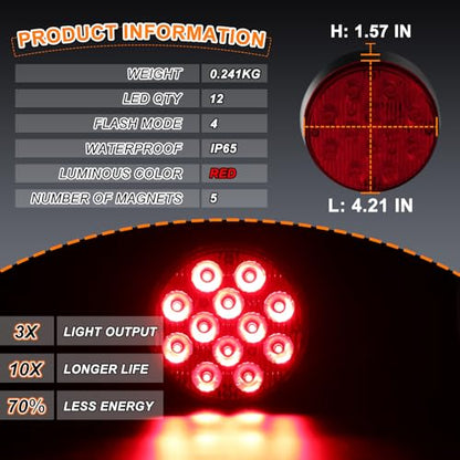 2PCS Magnetic Red Beacon Strobe Lights for Trucks Vehicles Trailer - color: Red-Round Shape