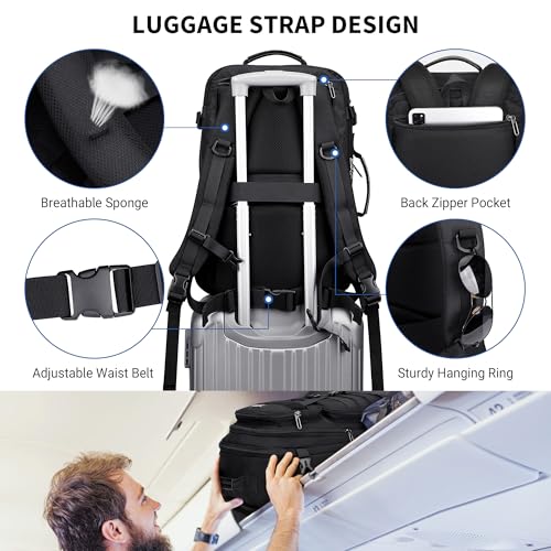 WITZMAN Travel Backpack for Men 40L Convertible Bag Fits 17" Laptop - color: Black