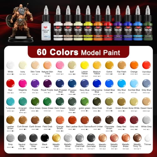 Smallbudi 60 Colors Model Paint Set 20ml/0.6oz Miniatures Acrylic Paint Set - color: 60 Colors with 6 Thinner