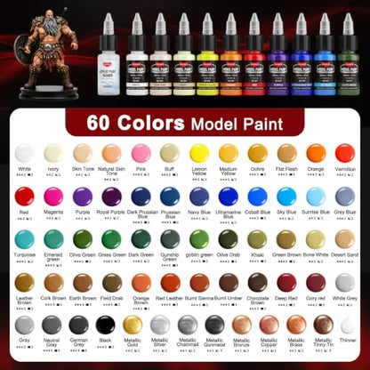 Smallbudi 60 Colors Model Paint Set 20ml/0.6oz Miniatures Acrylic Paint Set - color: 60 Colors with 6 Thinner