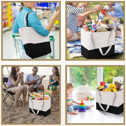 6 Pack Canvas Grocery Bags with Long Shoulder Strap and Short Handle（Black） - color: Black-6pack