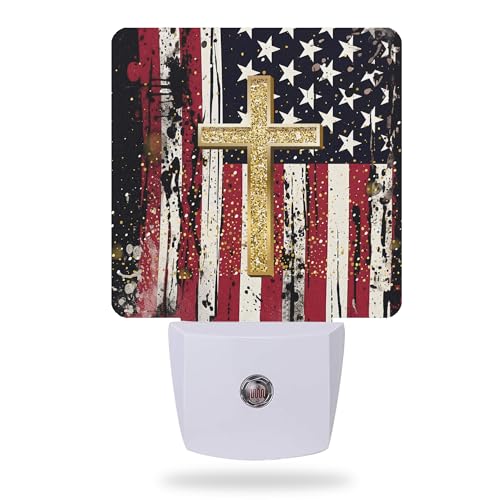Night Light Plug into Wall,American Flag Cross Night Light with Dusk to Dawn Sensor Night Light for Kid Girls Boys Women Men Room Decor,Hallway,Kitchen,Bathroom,Nursery,Stairs - color: American Flag Cross