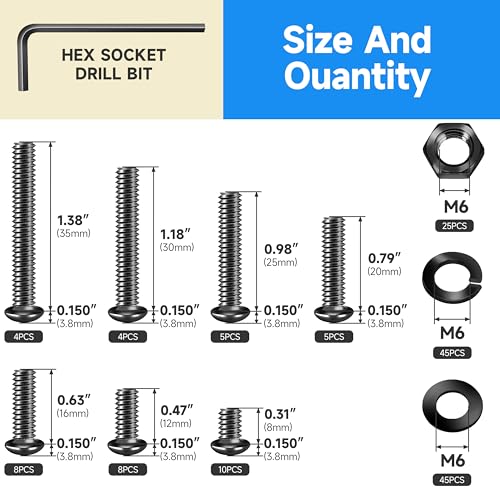 159 Pieces M6 Screw, Button Head Socket Cap Metric Screws Assortment Kit, Grade 10.9 Carbon Steel M6 Bolts and Washers/Nuts/Hex Wrenches, Black Oxided by Marysino - size: 159Pcs M6