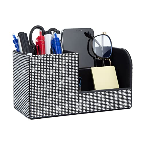 Desk Pen Pencil Holder Bling Pasted Rhinestones Paper Stationery Storage Box, Multi-functional Organizer for Pen,Pencil,Cell phone,Business Name Cards,Eye Glasses,Remote Control Holder (White) - color: White